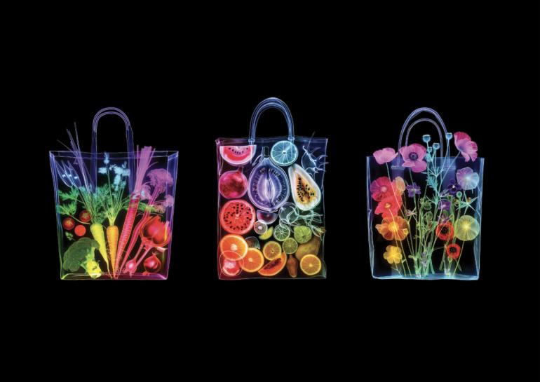 Shopping bags creative decorate con frutta e verdura raimbow